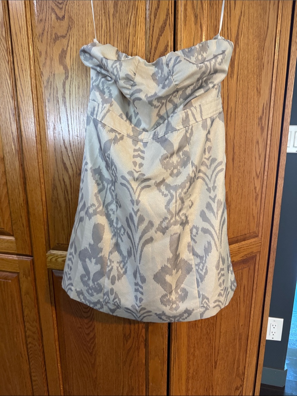 American Eagle Outfitters Strapless Beige and Gray Patterned Dress